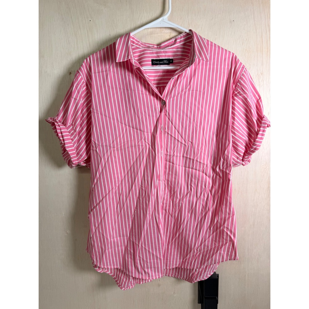 Estelle and Finn Button Down Women M Pink Excellent Striped Short Sleeve Shirt‎